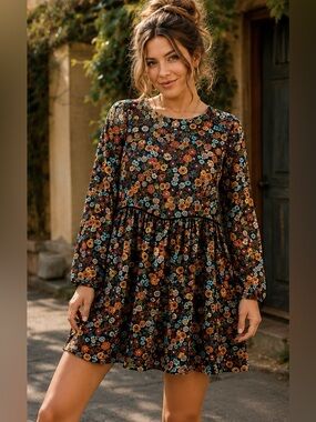 ZARA Trafaluc Floral Babydoll Mini Dress M Long Sleeve Boho Preloved A31